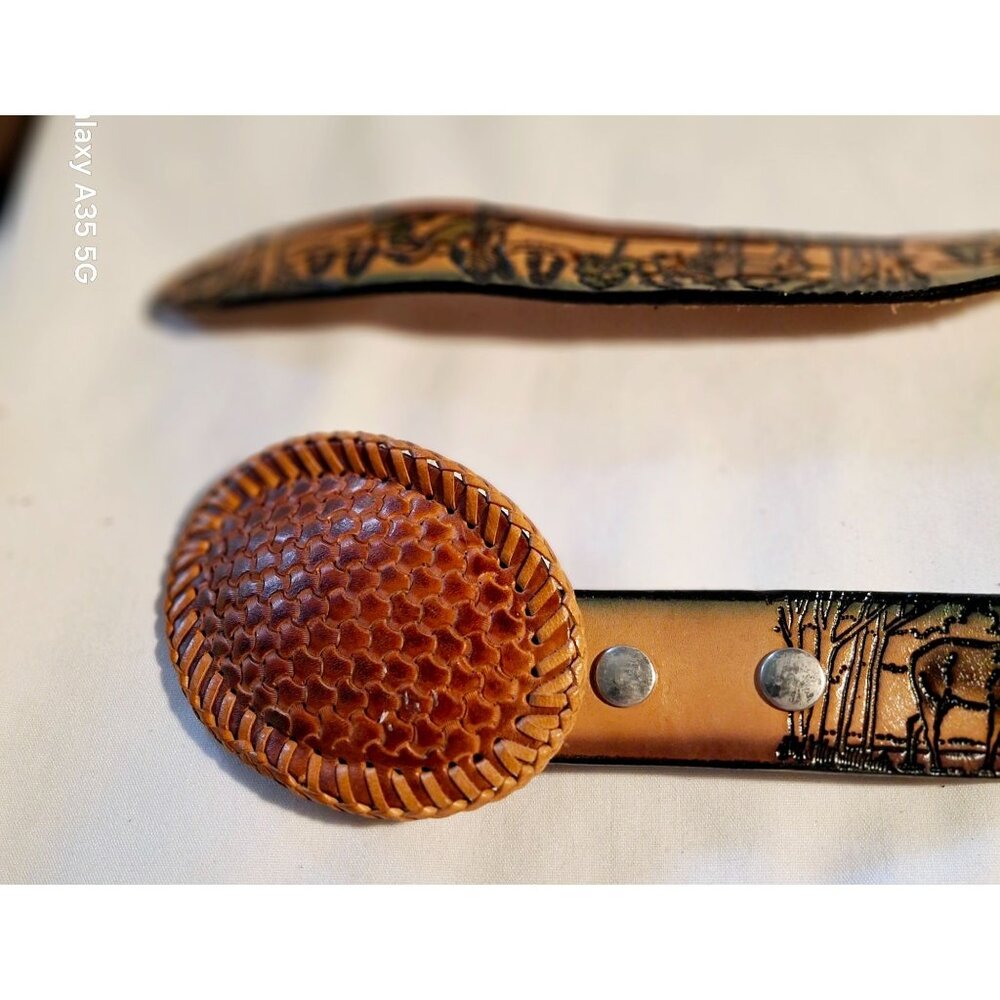 VTG Handcrafted Leather Belt With Detailed Forest Wildlife & Camp Scene Design
